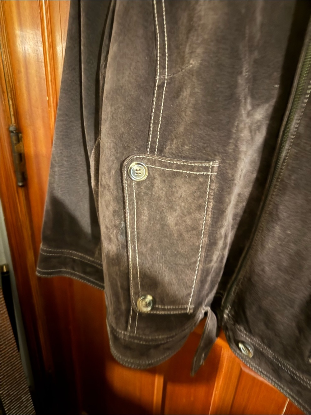 Men's Dark Brown Suede Zip Jacket with Contrast Stitching - Picture 3 of 6